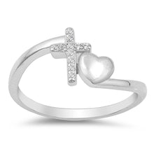 Load image into Gallery viewer, Sterling Silver Cross And Heart Shaped With Clear CZ RingAnd Face Height 9mm