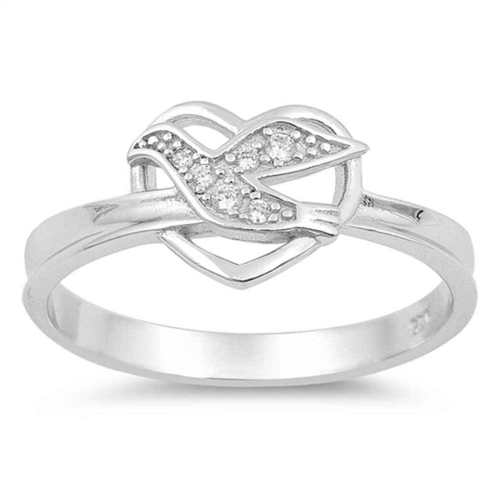 Sterling Silver Dove Heart Shaped With Clear CZ RingAnd Face Height 10mm