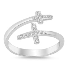 Load image into Gallery viewer, Sterling Silver Double Cross Shaped With Clear CZ RingAnd Face Height 11mm