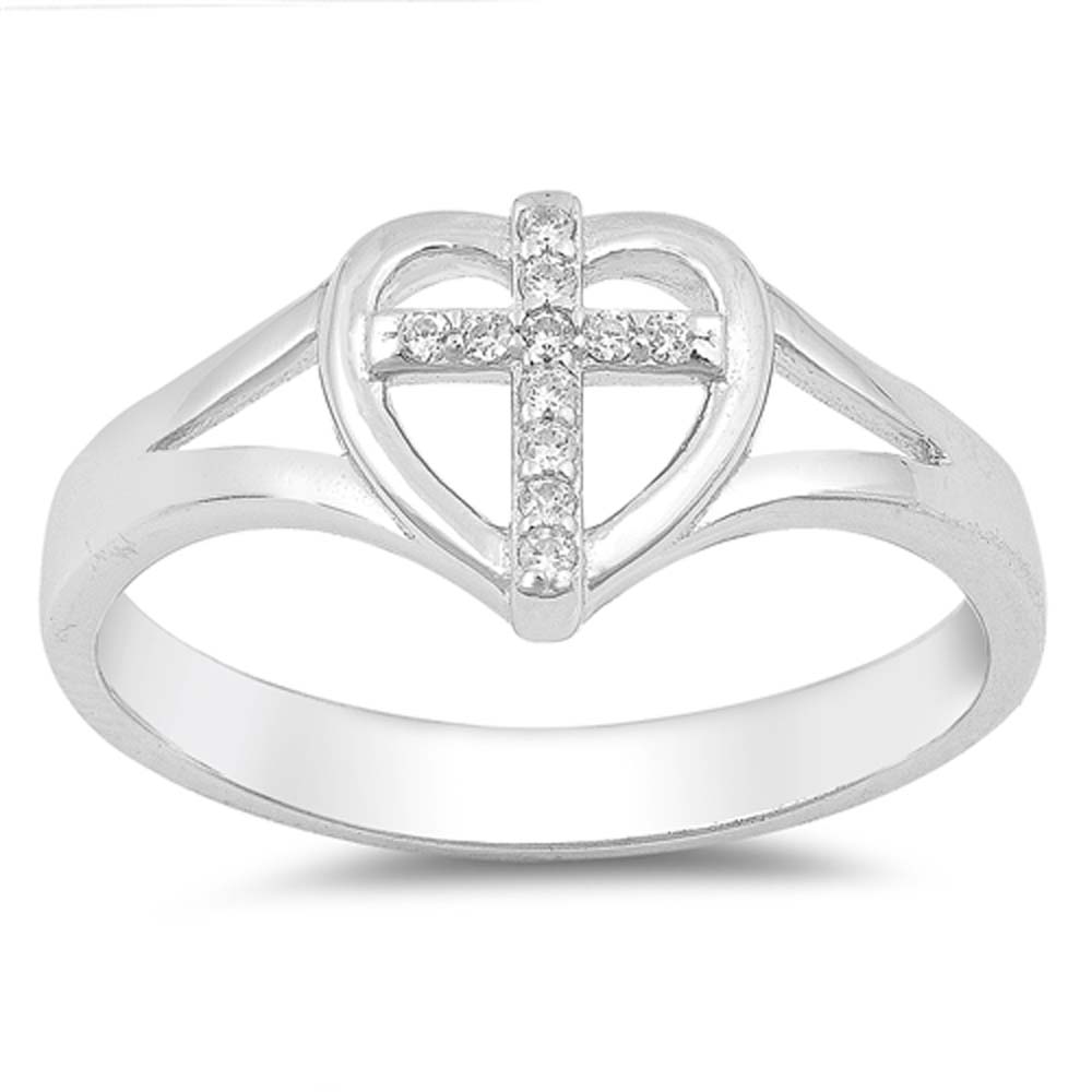 Sterling Silver Cross In Heart Shaped With Clear CZ RingAnd Face Height 9mm