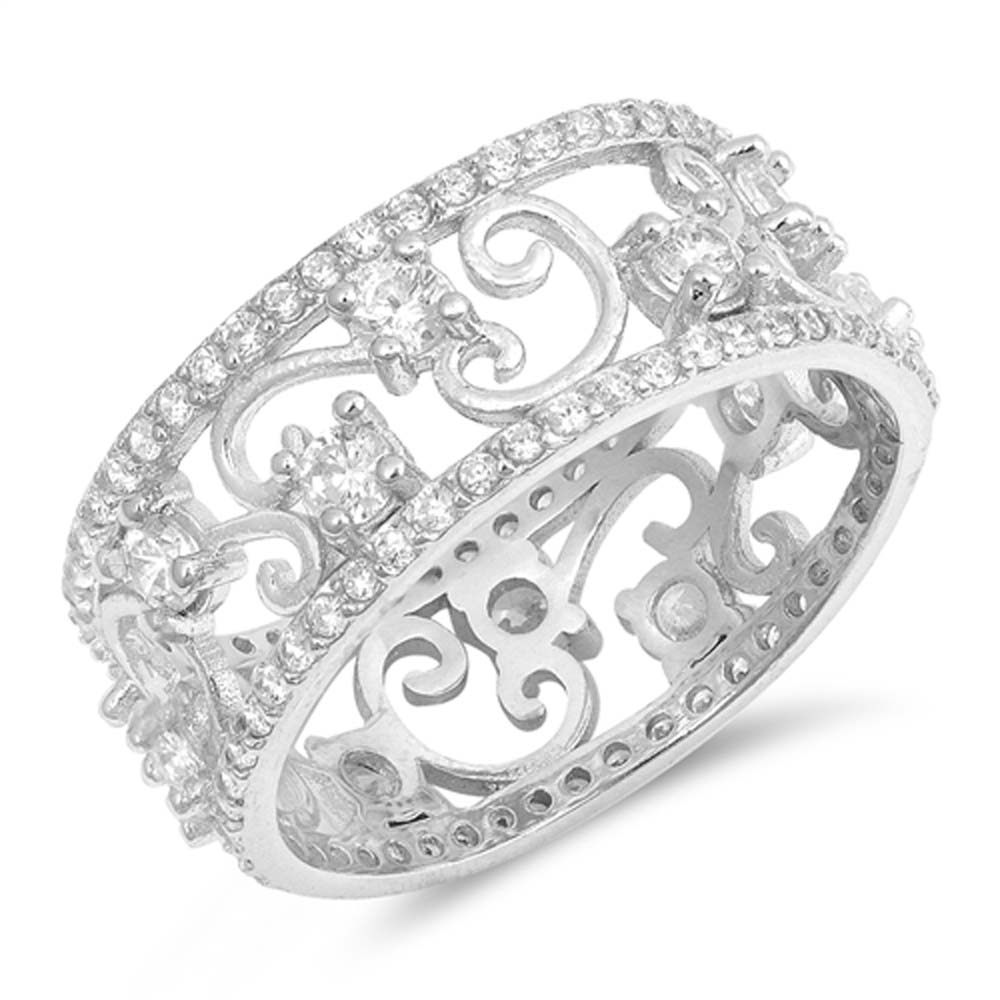 Sterling Silver Vines Band Round Shaped With Clear CZ RingAnd Face Height 9mm