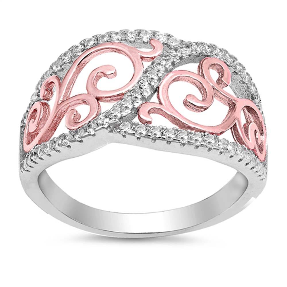 Sterling Silver Rose Gold Plated Celtic Shaped Clear CZ RingAnd Face Height 12mm