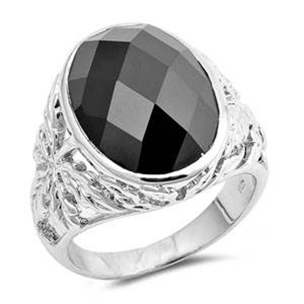 Sterling Silver Oval Shaped CZ Ring With Black StoneAnd Face Height 20mm