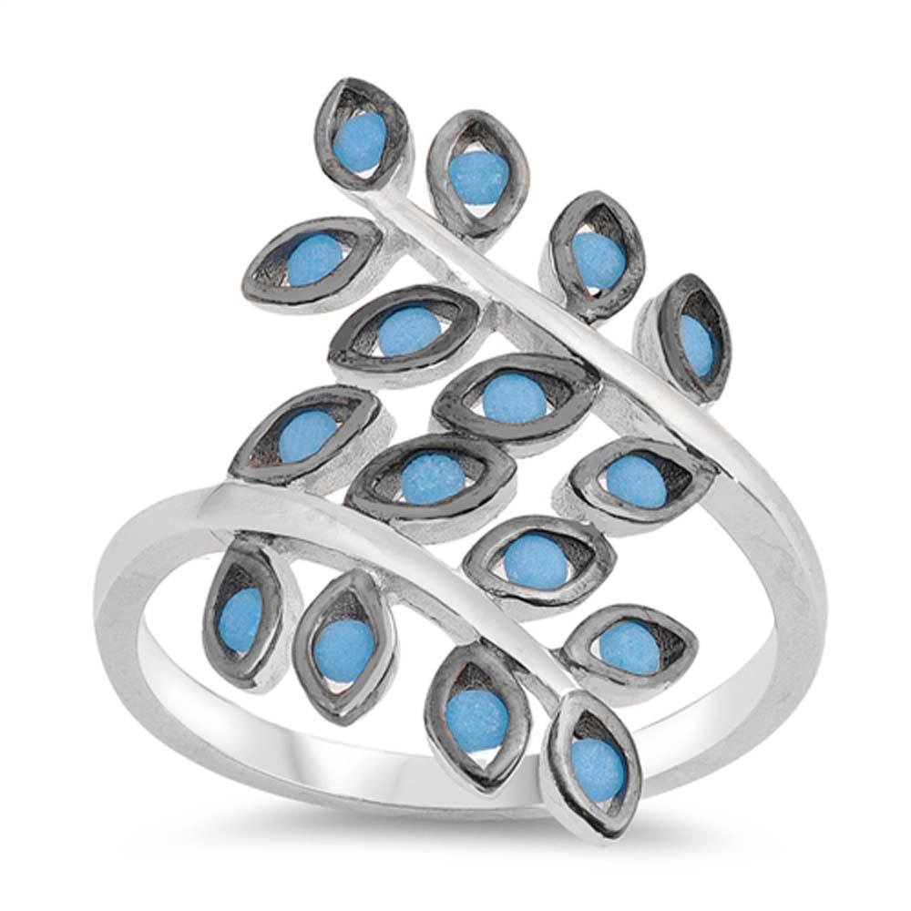 Sterling Silver With Nano Imitation Turquoise Cubic Zirconia With Fern Leaves Stone RingAnd Face Height 22mm