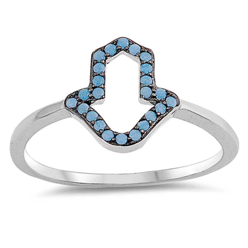 Sterling Silver Nano Imitation Turquoise Circle Shaped With Hamsa CZ RingAnd Face Height 10mm