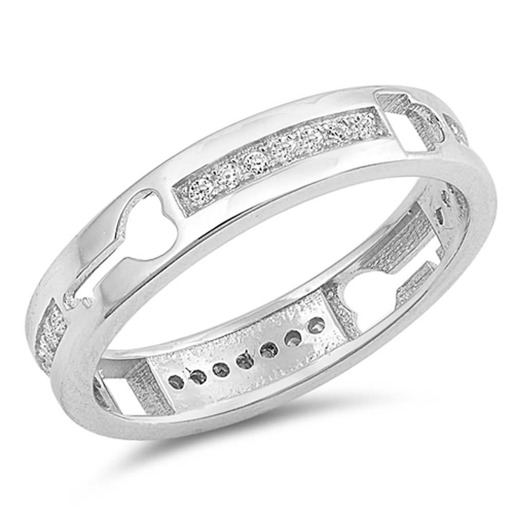 Sterling Silver Round Shaped With Lock And Key CZ RingAnd Face Height 4mm