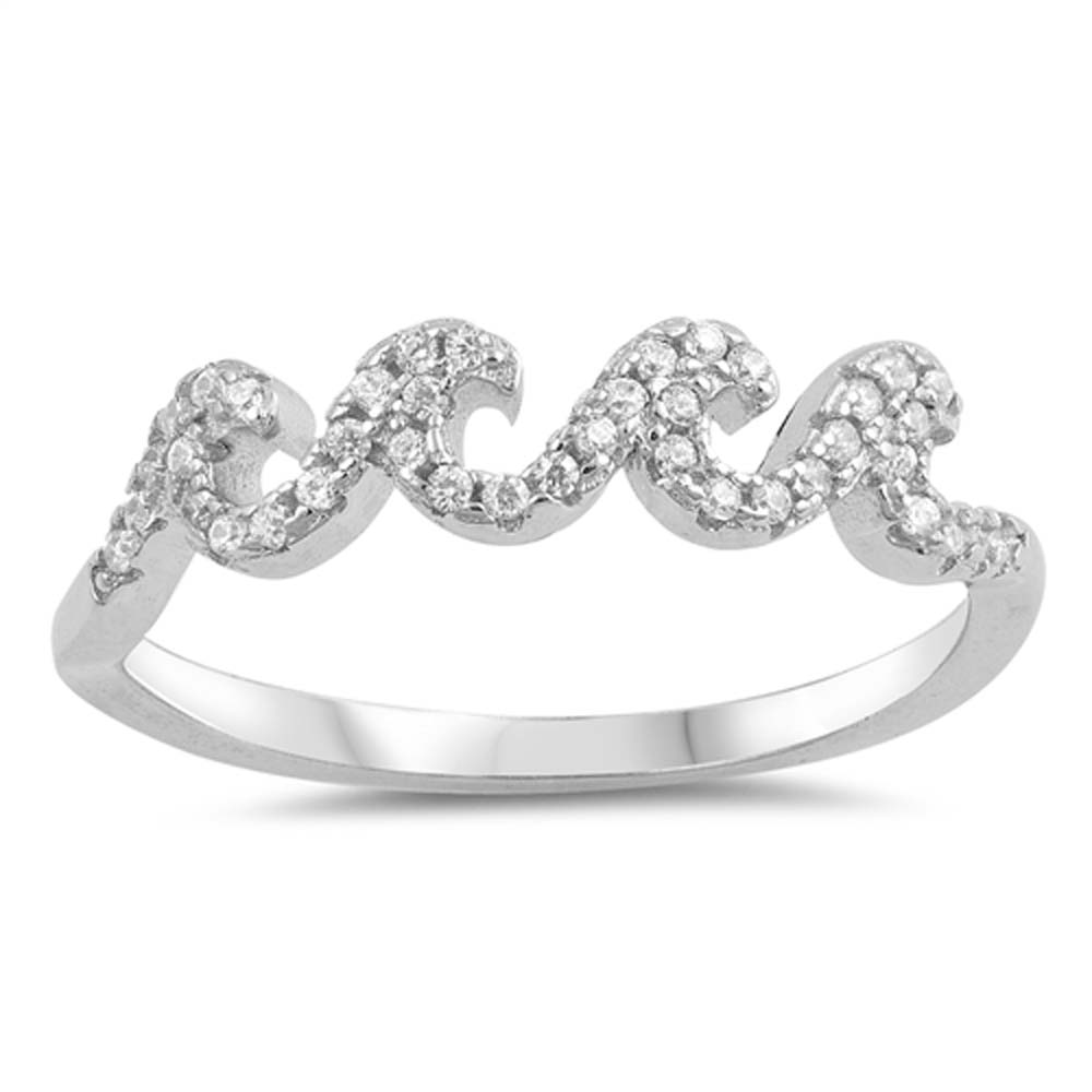 Sterling Silver Waves Shaped Clear CZ RingsAnd Face Height 4mm