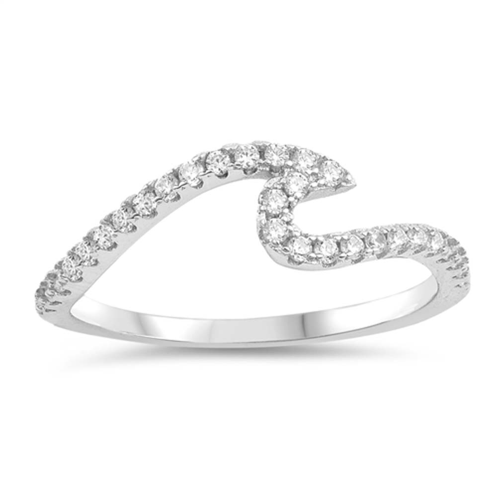 Sterling Silver Wave Shaped Clear CZ RingAnd face Height 6mm