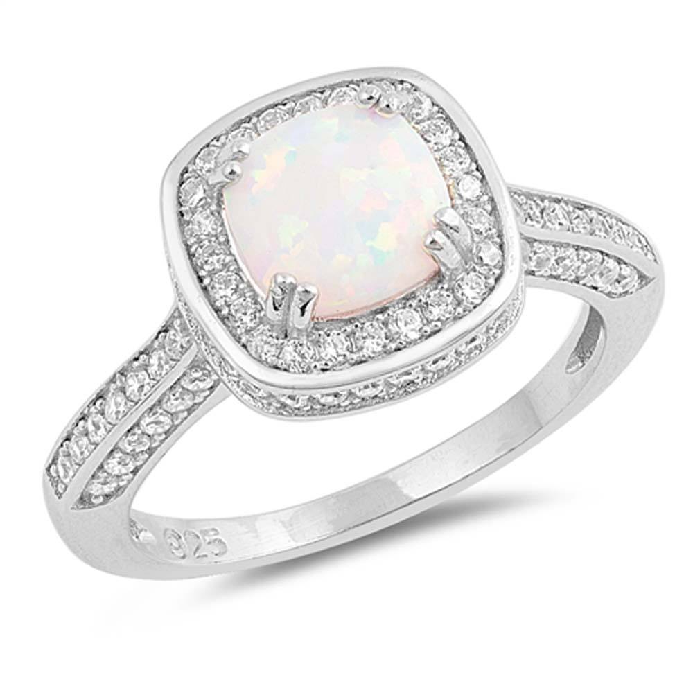 Sterling Silver Square Shape With White Lab Opal And Clear CZ RingsAnd Face Height 11mmAnd Center Stone Thickness 7mm