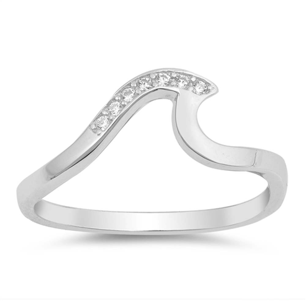 Sterling Silver Wave Shaped Clear CZ RingsAnd Face Height 7mm