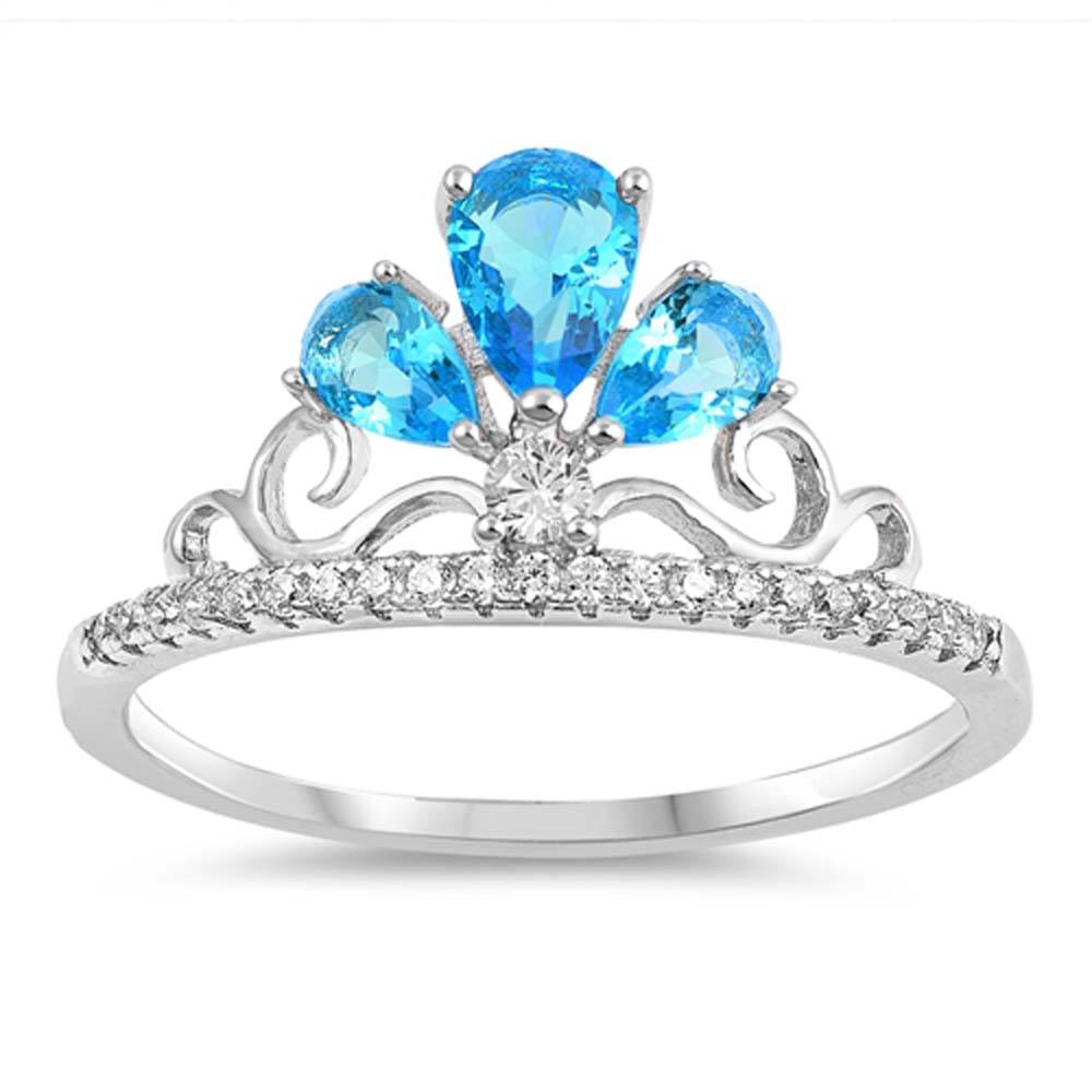 Sterling Silver Blue Topaz Crown Shaped Clear CZ RingsAnd Face Height 10mm