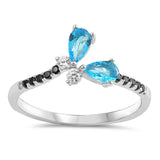 Sterling Silver Blue Topaz And Black Multiple Shaped Clear CZ RingsAnd Face Height 7mm