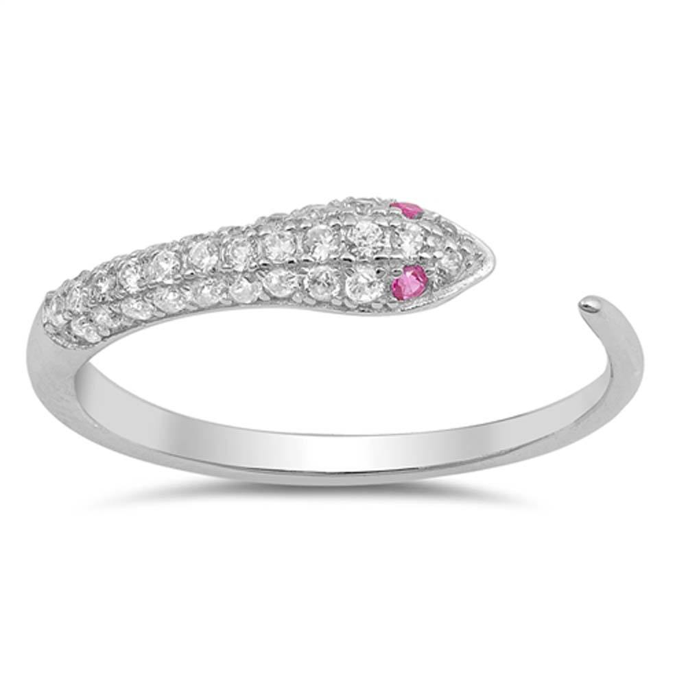 Sterling Silver Snake Shape With Ruby And Clear CZ RingsAnd Face Height 4mm