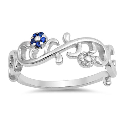 Sterling Silver Flowers Shape with Blue Sapphire and Clear CZ Rings, Face Height 7mm