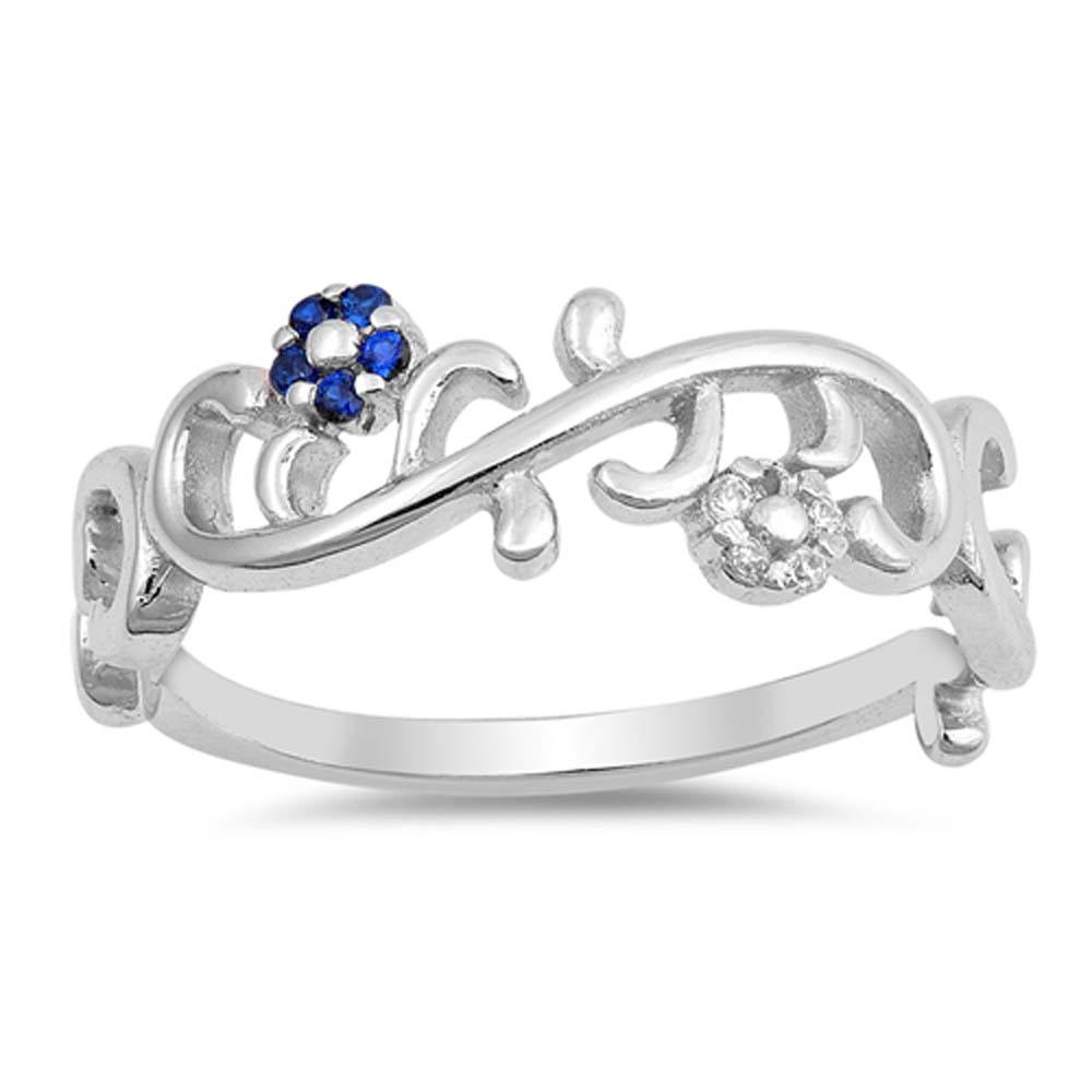 Sterling Silver Flowers Shape With Blue Sapphire And Clear CZ RingsAnd Face Height 7mm