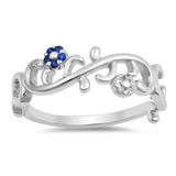 Sterling Silver Flowers Shape with Blue Sapphire and Clear CZ Rings, Face Height 7mm
