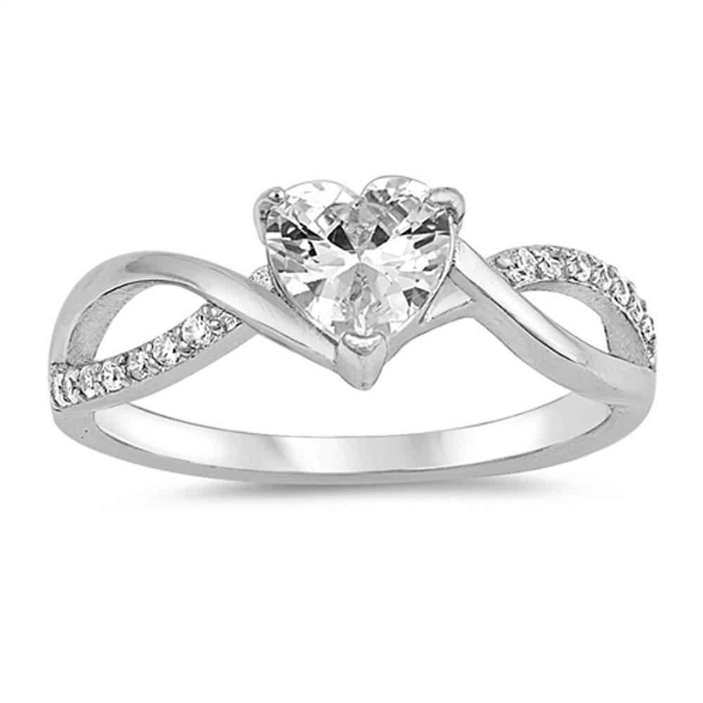 Sterling Silver Heart Shaped Clear CZ Rings And Face Height 6mmAnd Band Width 5mm