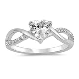 Sterling Silver Heart Shaped Clear CZ Rings And Face Height 6mmAnd Band Width 5mm