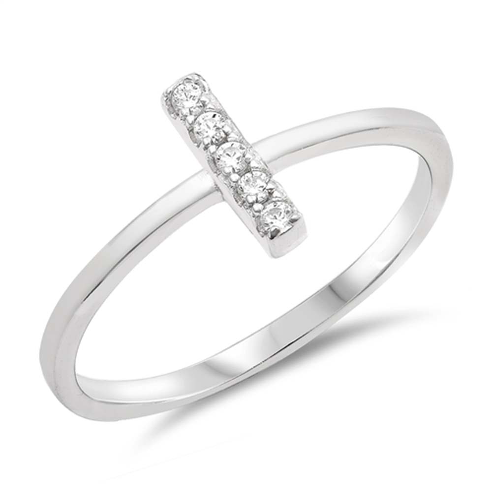 Sterling Silver Standing Line Shaped Clear CZ RingsAnd Face Height 9mm