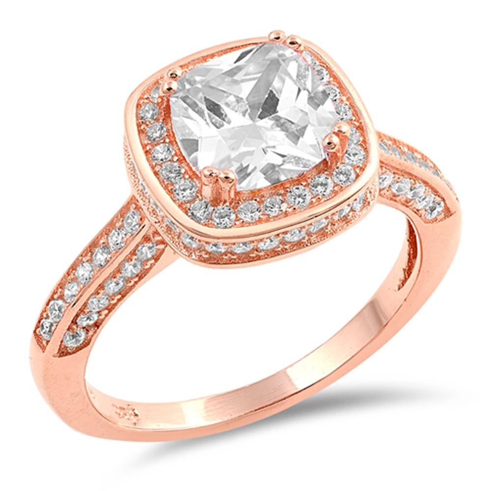 Sterling Silver Rose Gold Plated Square Shaped Clear CZ RingsAnd Face Height 11mmAnd Band Width 4mm