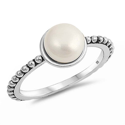 Sterling Silver Oxidized Round Shaped Ring With Mother Of Pearl And Clear CZ Stones