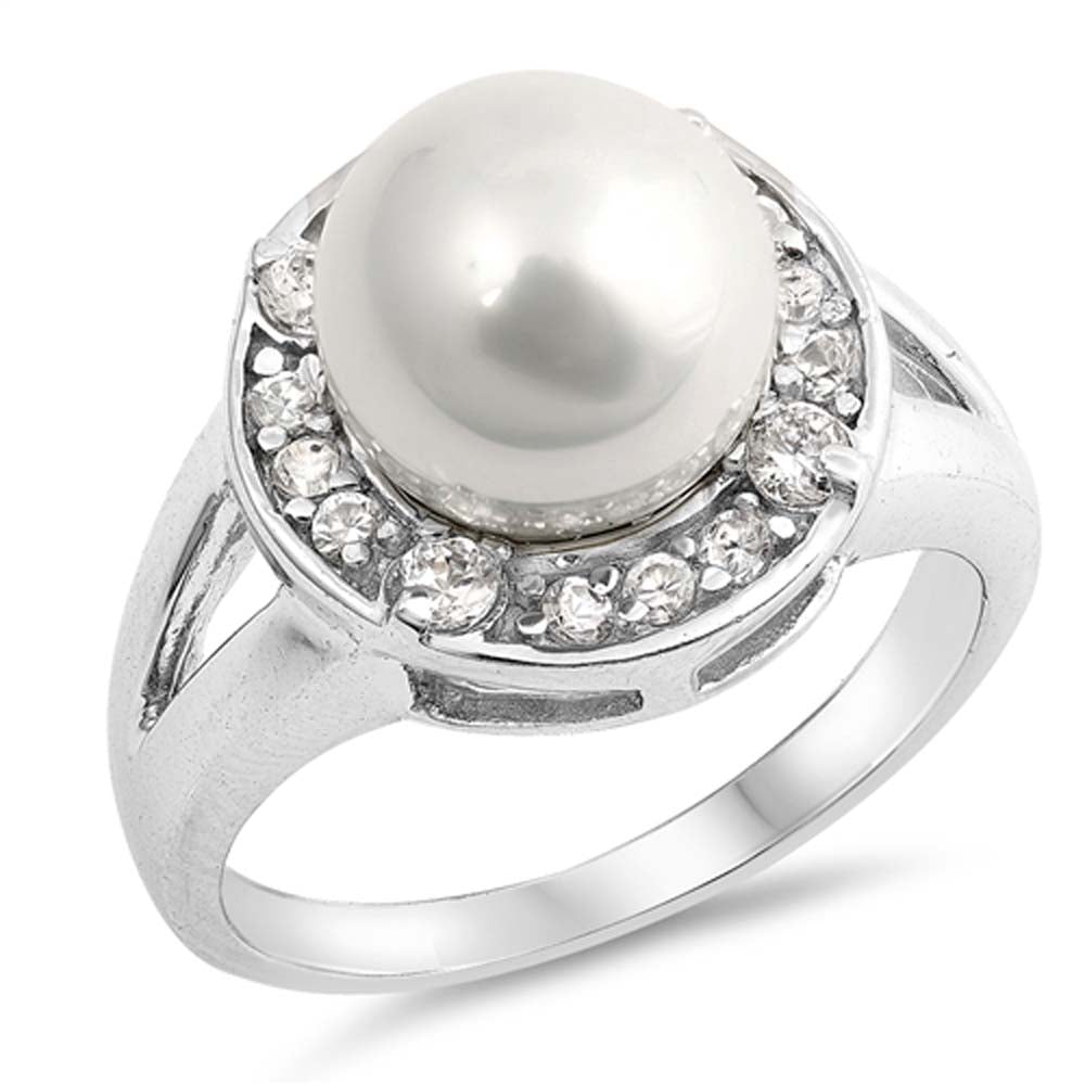 Sterling Silver Round Simulated Pearl And Cubic Zirconia Ring