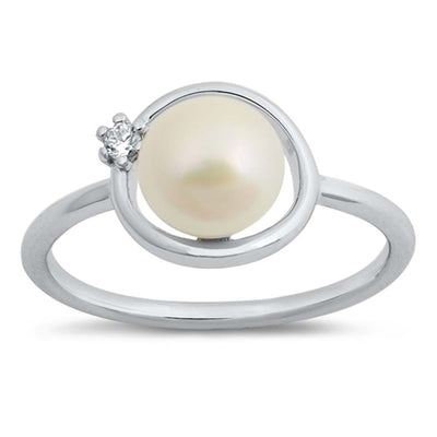 Sterling Silver Round Shaped Ring With Freshwater Pearl And Clear CZ Stones