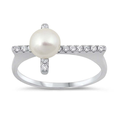 Sterling Silver Cross Shaped Ring With CZ Stones And Freshwater Pearl