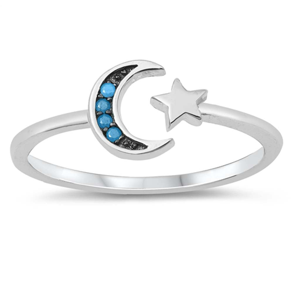 Sterling Silver Rhodium Plated Moon And Star With Turquoise Cubic Zirconia Ring