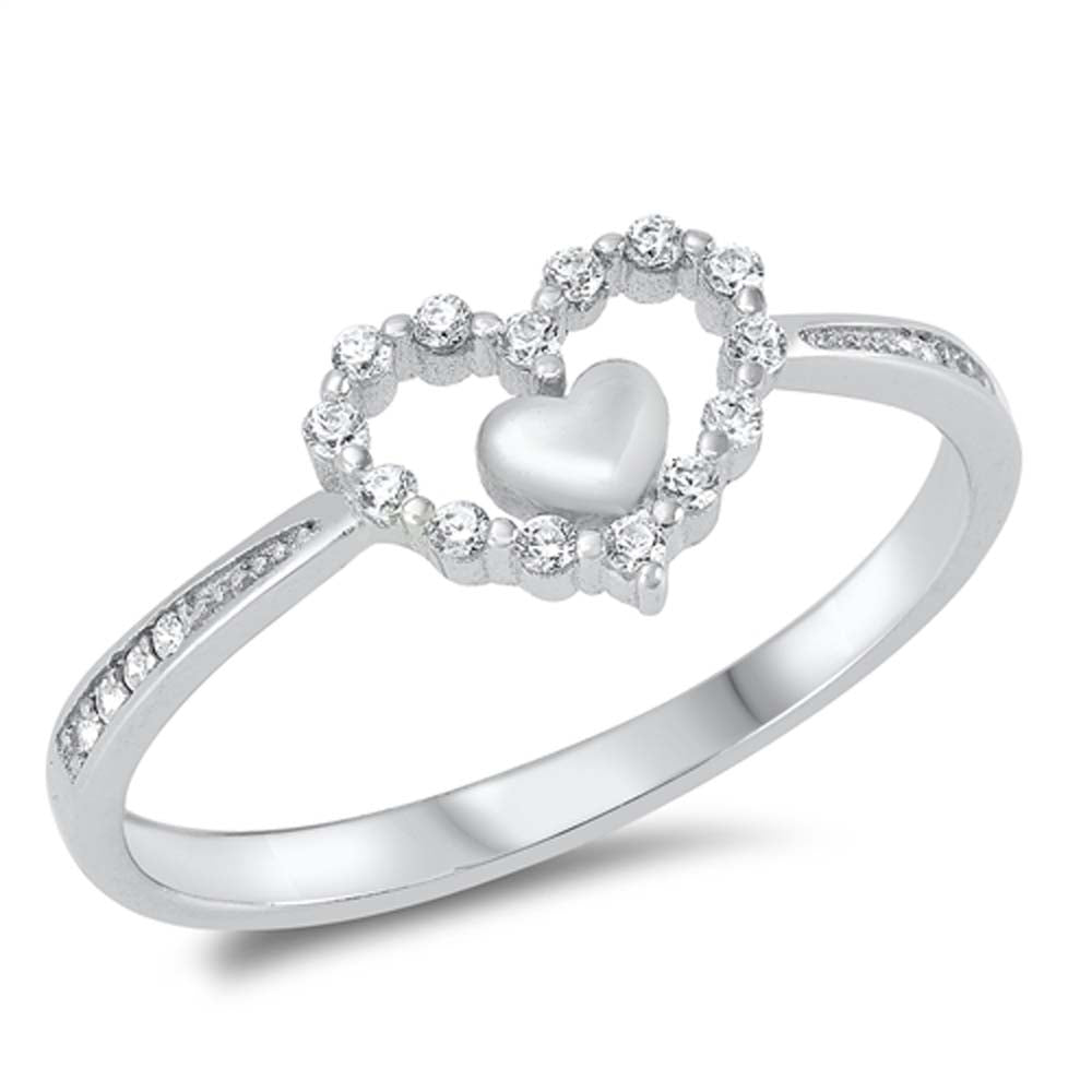 Sterling Silver Rhodium Plated Heart Cubic Zirconia Ring