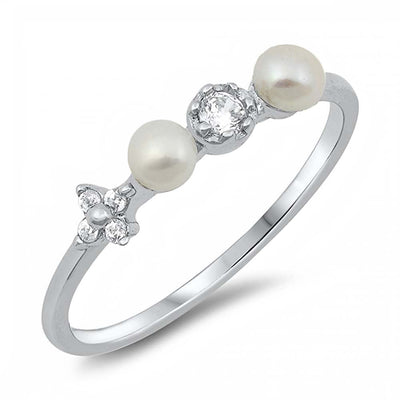 Sterling Silver Pearl CZ Ring