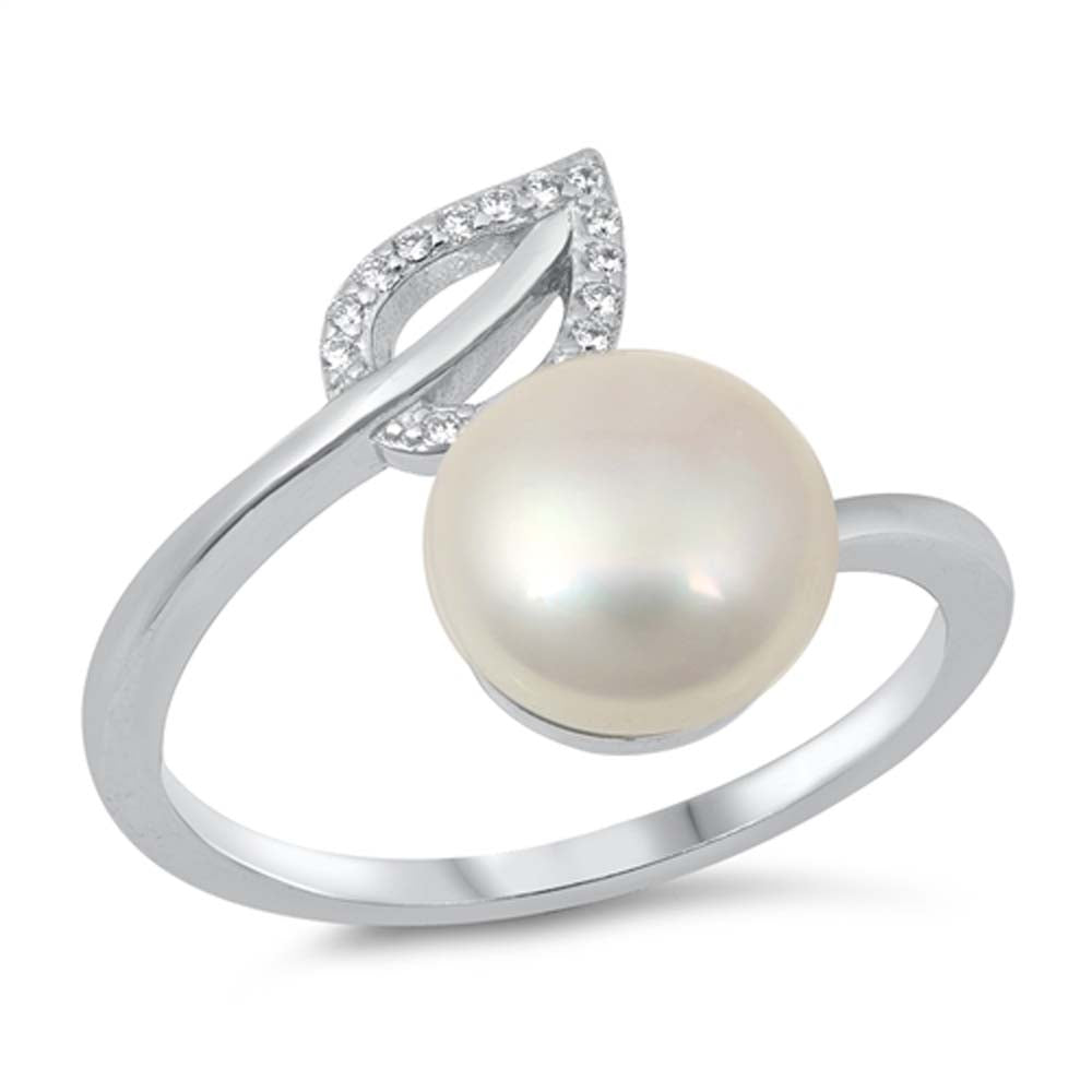 Sterling Silver Pearl And Leaf Cubic Zirconia Ring