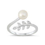 Sterling Silver Leaves With Pearl And Cubic Zirconia Ring