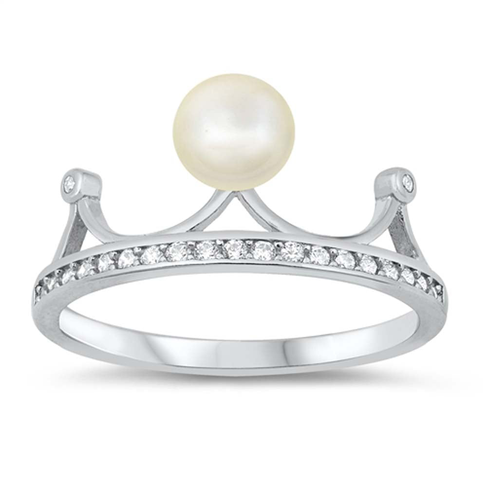 Sterling Silver Crown With Pearl And Cubic Zirconia Ring