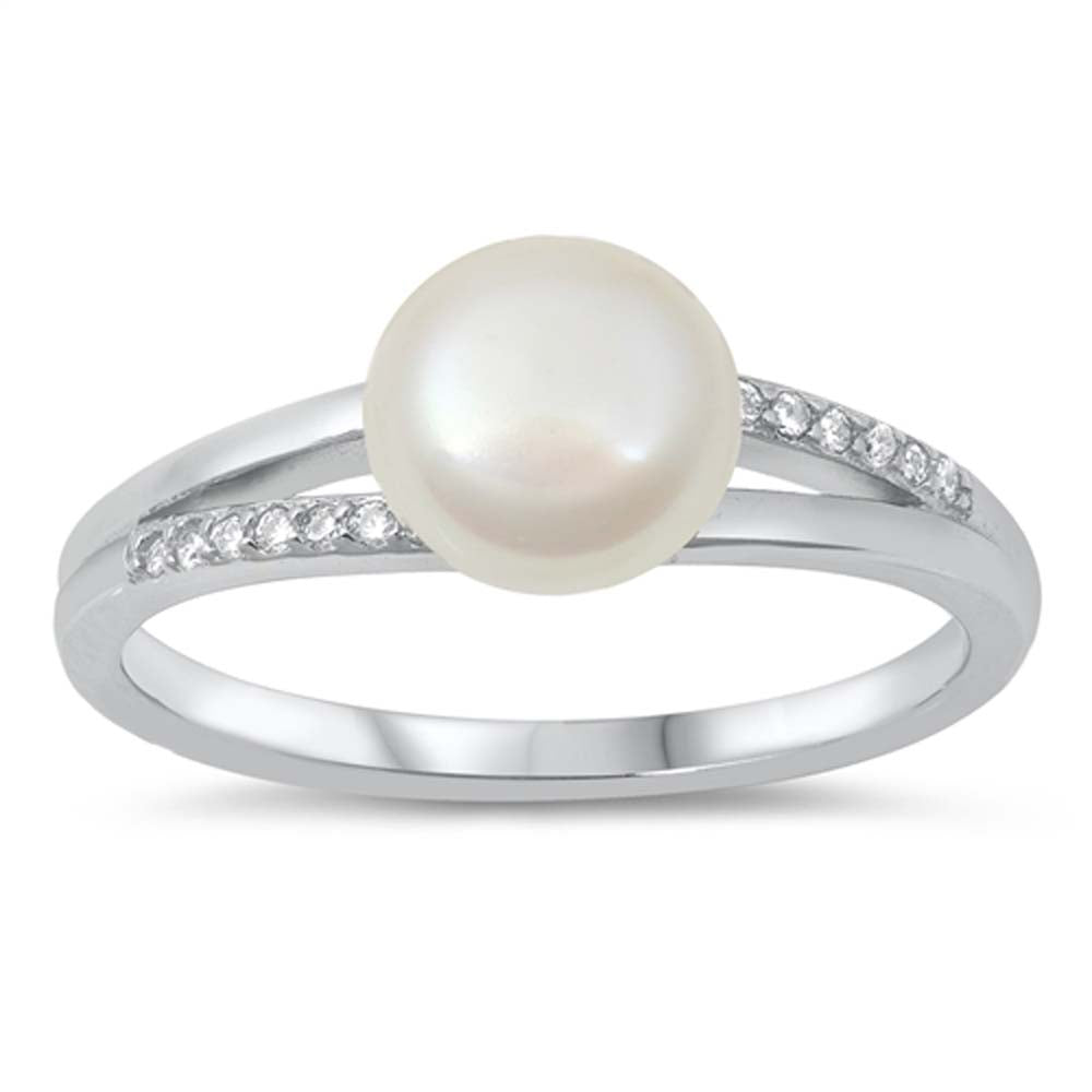 Sterling Silver Round With Pearl And Cubic Zirconia Ring