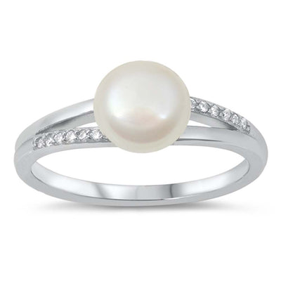 Sterling Silver 8mm Round Pearl and Cubic Zirconia Ring