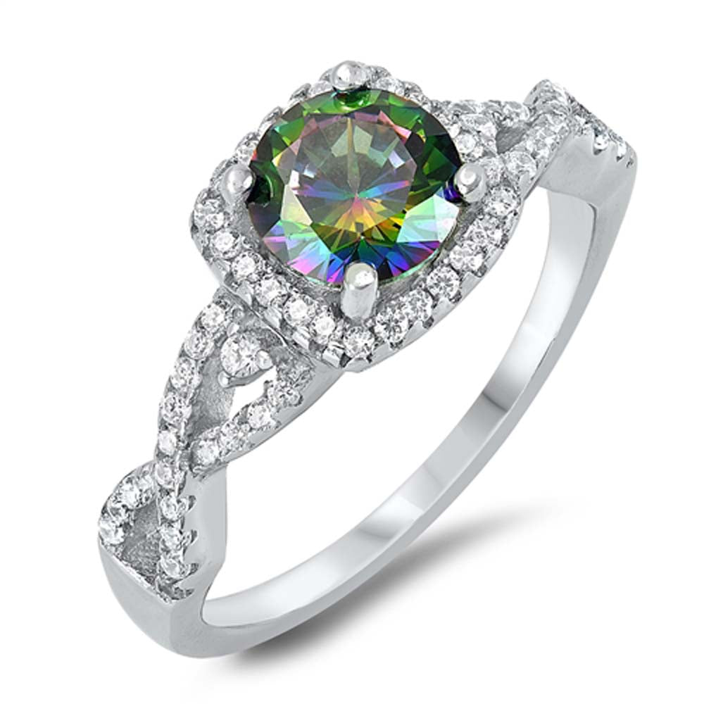 Sterling Silver Rhodium Plated Square With Rainbow Topaz And Cubic Zirconia Ring