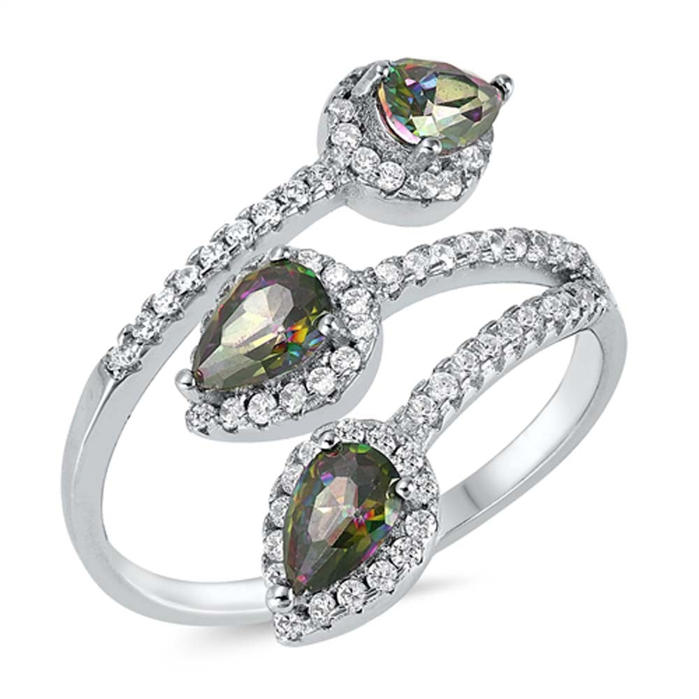 Sterling Silver Rhodium Plated Three Pears With Rainbow Topaz And Cubic Zirconia Ring