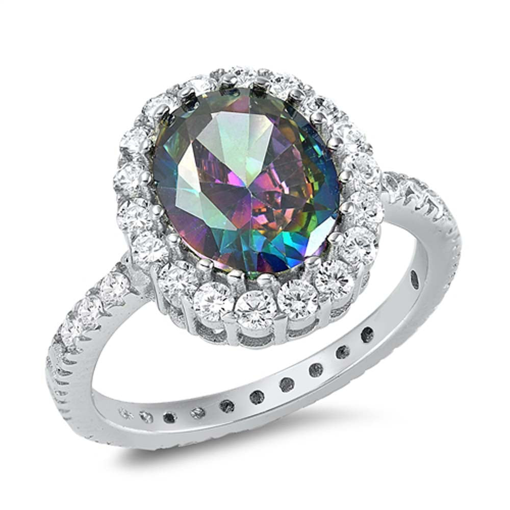Sterling Silver Round With Rainbow Topaz And Cubic Zirconia Ring