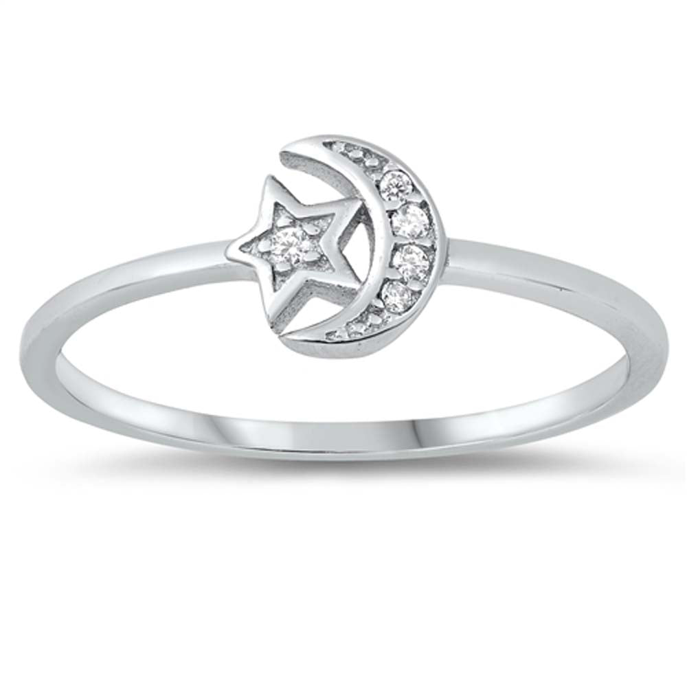 Sterling Silver Moon and Star Cubic Zirconia Ring