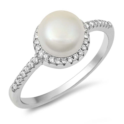 Sterling Silver Round With Pearl And Cubic Zirconia Ring