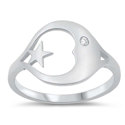 Sterling Silver Moon And Star Cubic Zirconia Ring