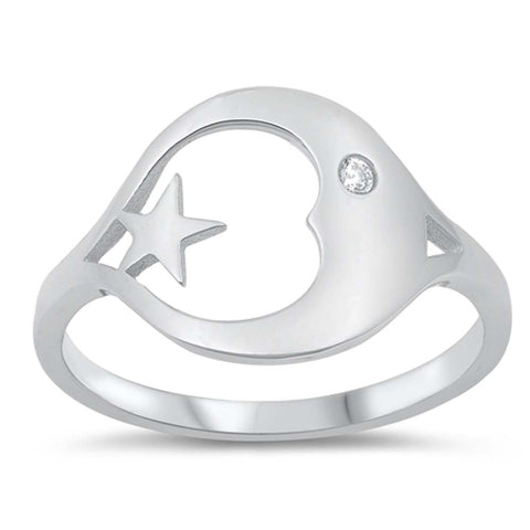 Sterling Silver Moon And Star Cubic Zirconia Ring