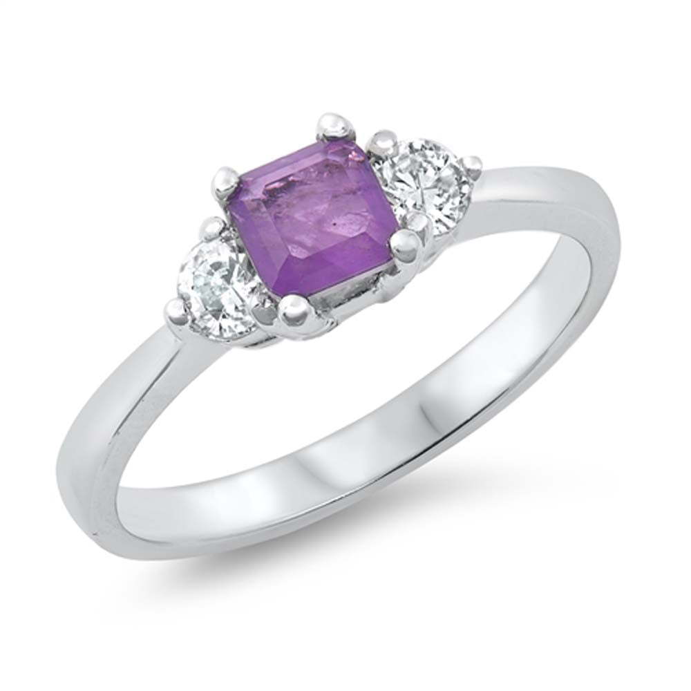 Sterling Silver Square With Violet And Cubic Zirconia Ring