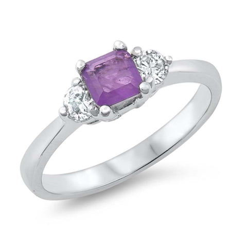 Sterling Silver Square With Violet And Cubic Zirconia Ring