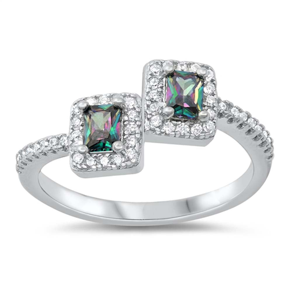 Sterling Silver Double Rectangles With Rainbow Topaz And Cubic Zirconia Ring