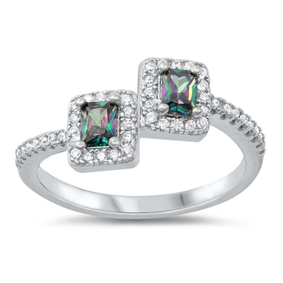 Sterling Silver Double Rectangles With Rainbow Topaz And Cubic Zirconia Ring