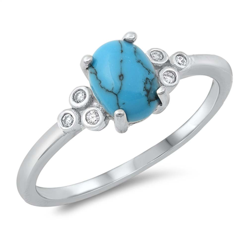Sterling Silver Oval With Turquoise And Cubic Zirconia Ring