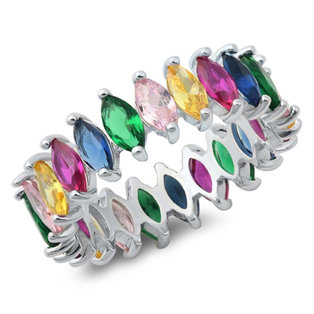 Sterling Silver Marquis Band With Multi Colored Cubic Zirconia Ring