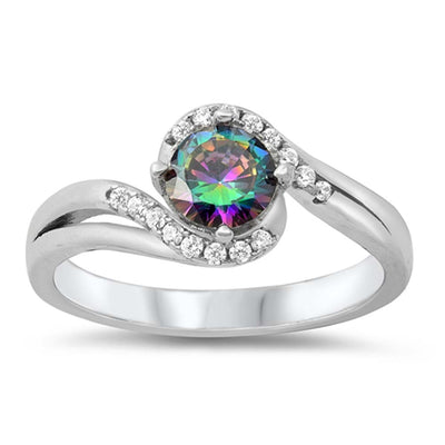 Sterling Silver Round With Rainbow Topaz And Cubic Zirconia Ring